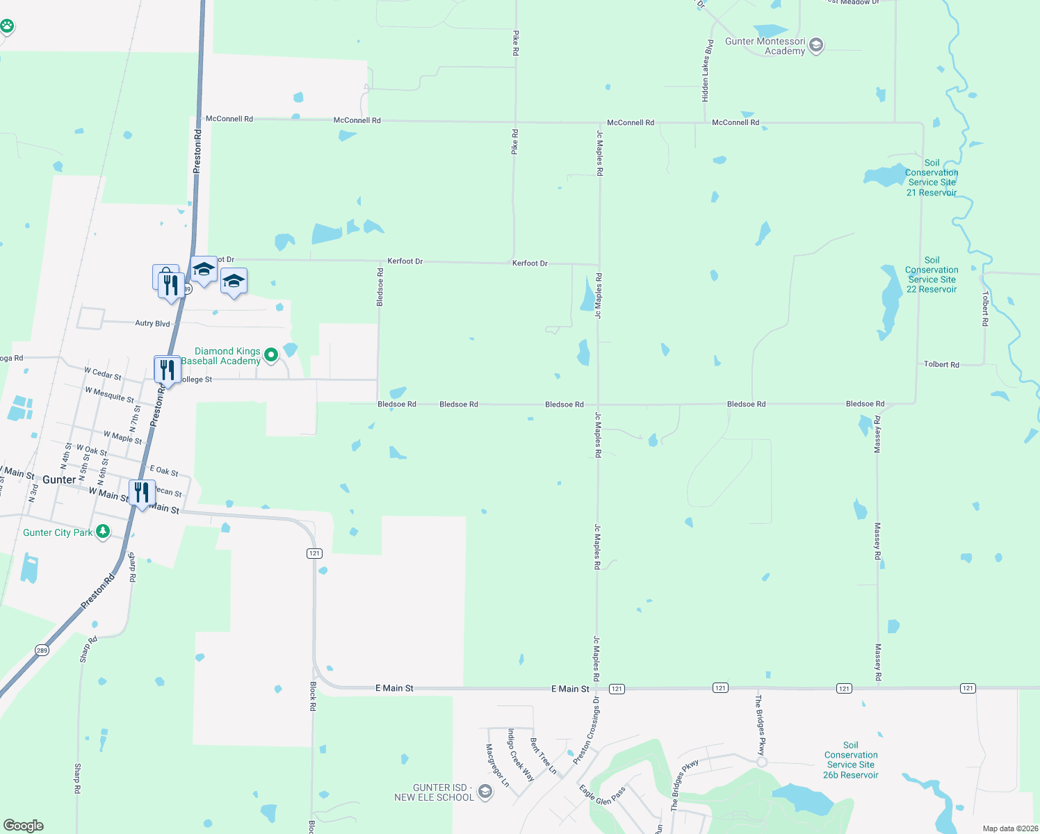 map of restaurants, bars, coffee shops, grocery stores, and more near 998 Bledsoe Road in Gunter