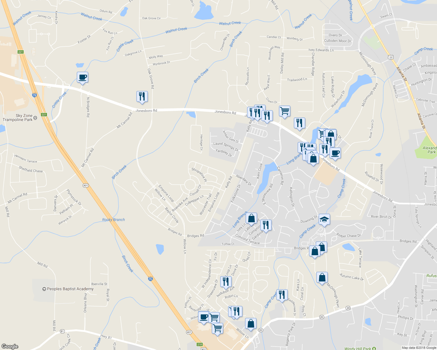map of restaurants, bars, coffee shops, grocery stores, and more near 2753 Trebek Court in McDonough