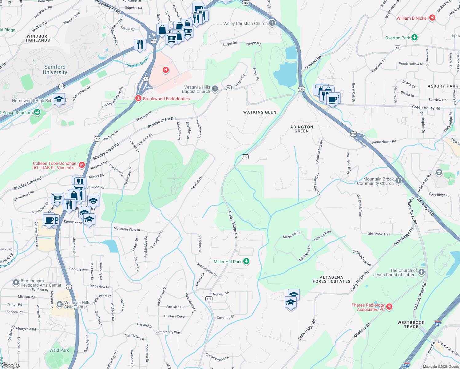 map of restaurants, bars, coffee shops, grocery stores, and more near 2809 Westwyck Circle in Vestavia Hills