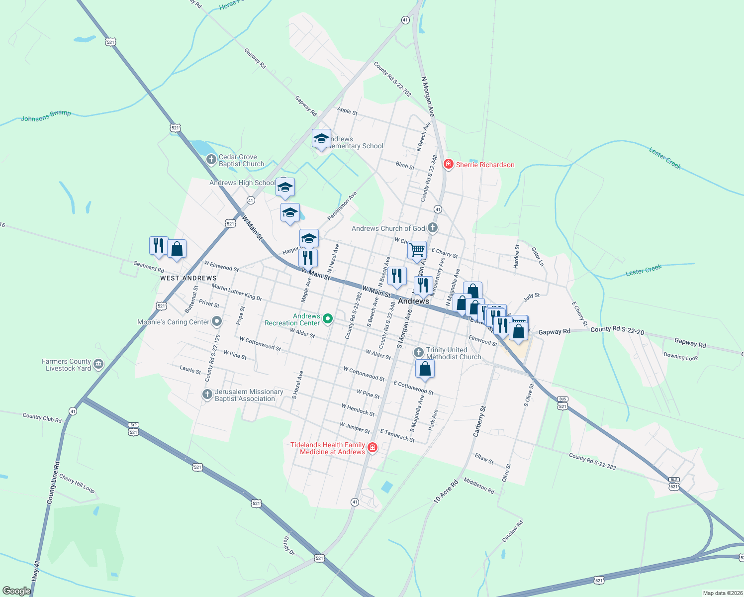 map of restaurants, bars, coffee shops, grocery stores, and more near 4 South Beech Avenue in Andrews