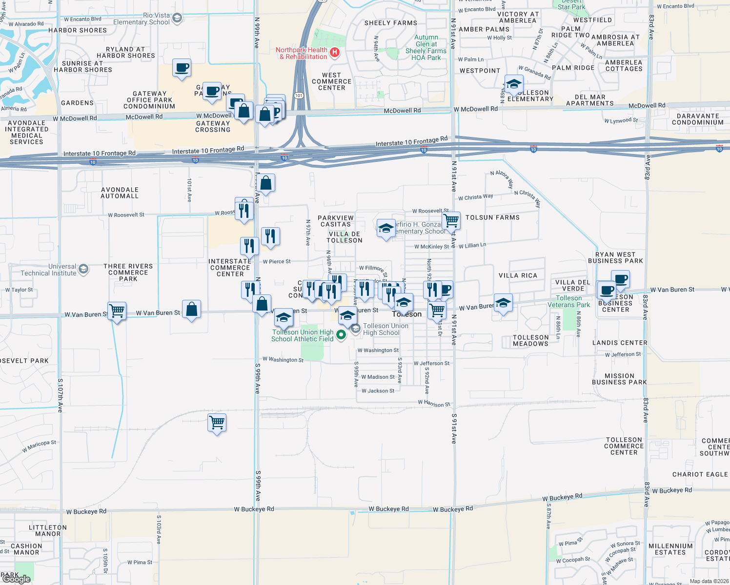 map of restaurants, bars, coffee shops, grocery stores, and more near 9408 West Polk Street in Tolleson
