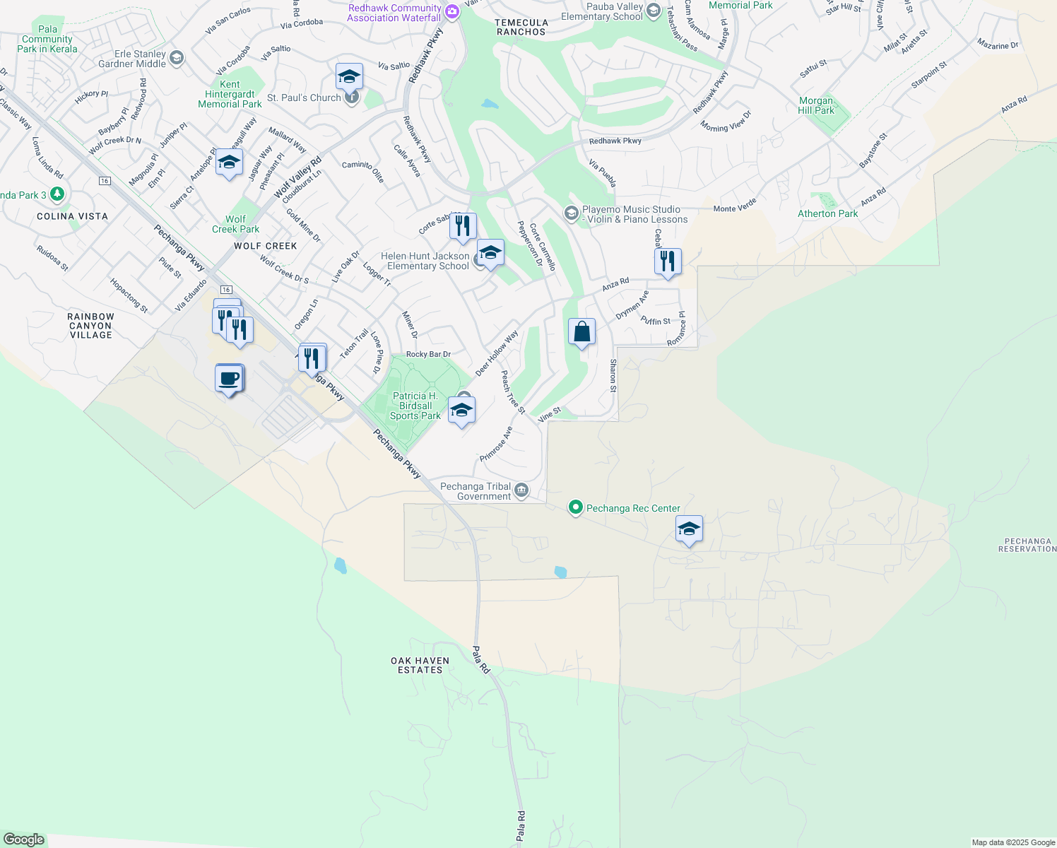 map of restaurants, bars, coffee shops, grocery stores, and more near 46545 Peach tree Street in Temecula