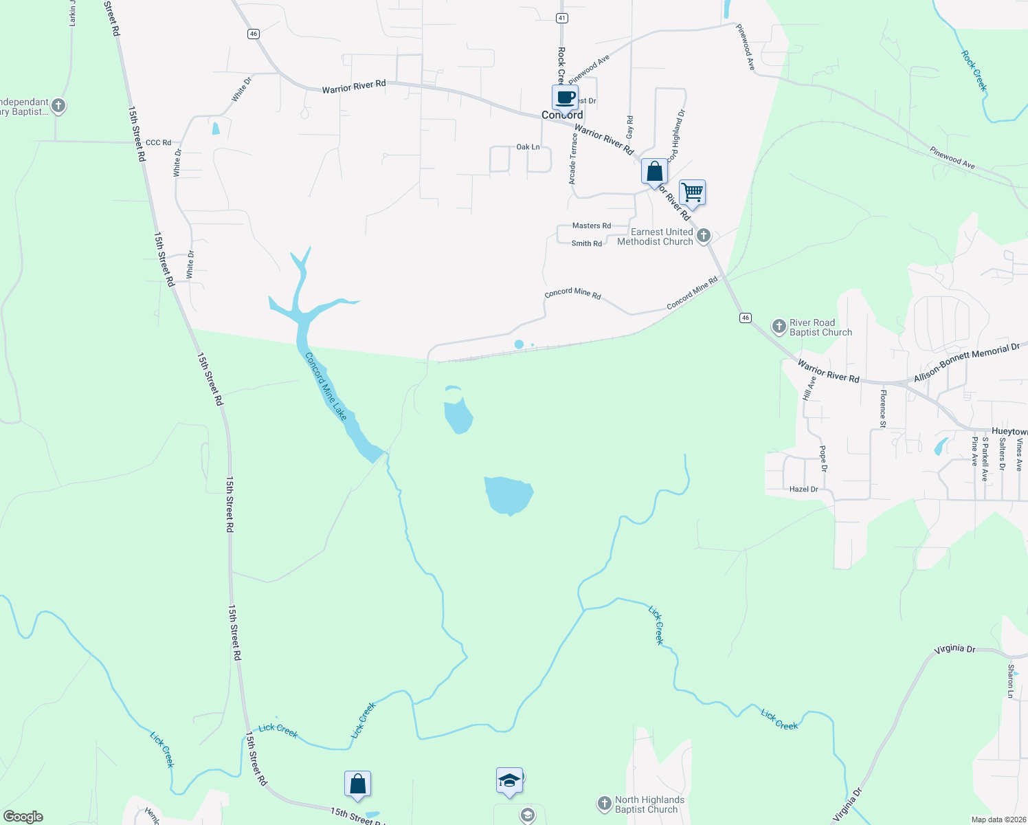 map of restaurants, bars, coffee shops, grocery stores, and more near 1000 Concord Mines Road in Bessemer