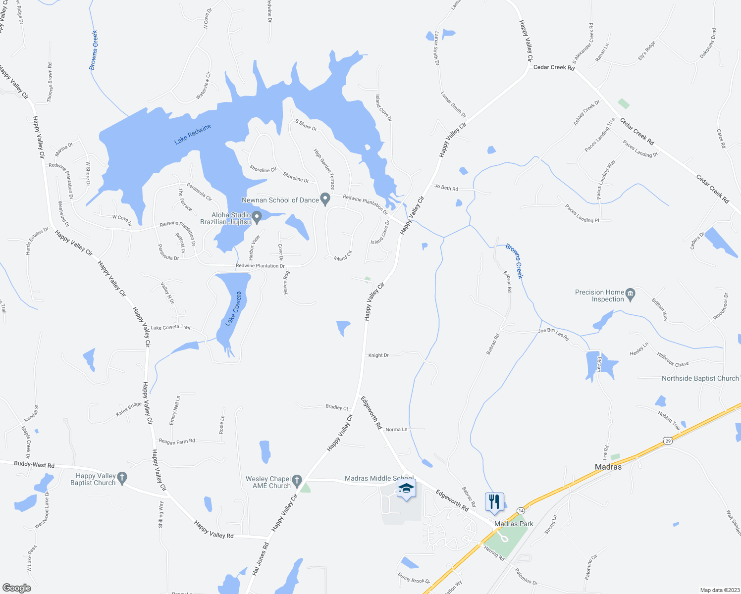 map of restaurants, bars, coffee shops, grocery stores, and more near Happy Valley Circle in Coweta County