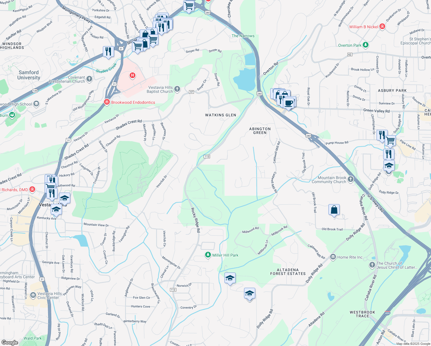 map of restaurants, bars, coffee shops, grocery stores, and more near 1724 Indian Creek Drive in Birmingham