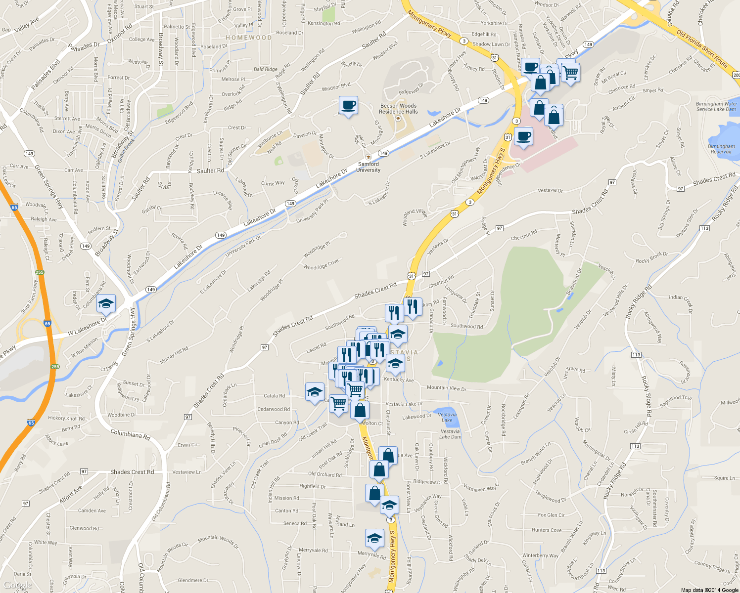 map of restaurants, bars, coffee shops, grocery stores, and more near 1977 Shades Crest Road in Vestavia Hills