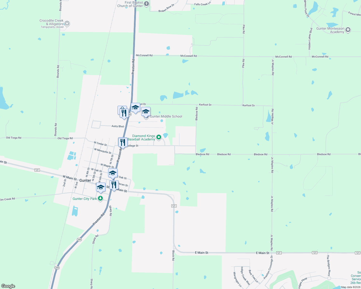 map of restaurants, bars, coffee shops, grocery stores, and more near 500 East College Street in Gunter