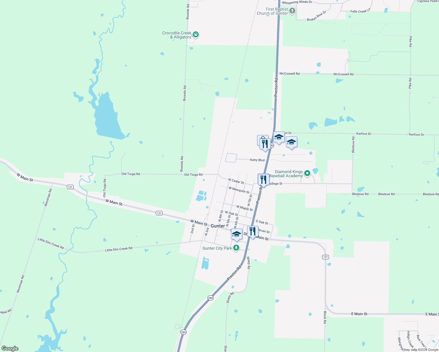 map of restaurants, bars, coffee shops, grocery stores, and more near 512 West Cedar Street in Gunter
