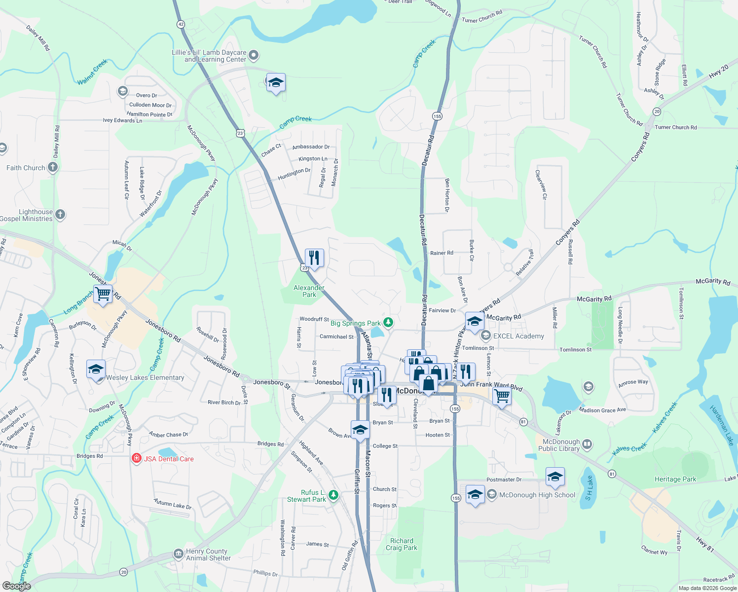 map of restaurants, bars, coffee shops, grocery stores, and more near 365 Oakpark Terrace in McDonough