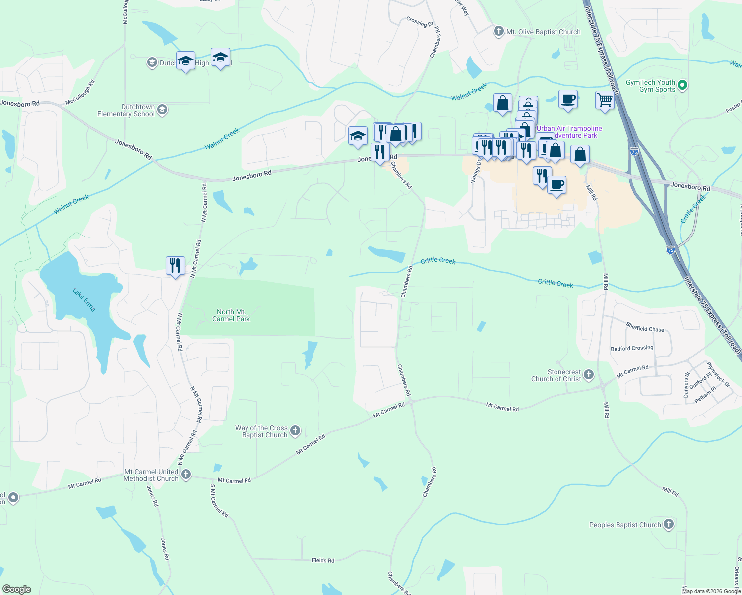 map of restaurants, bars, coffee shops, grocery stores, and more near 405 Lilywood Dr in McDonough