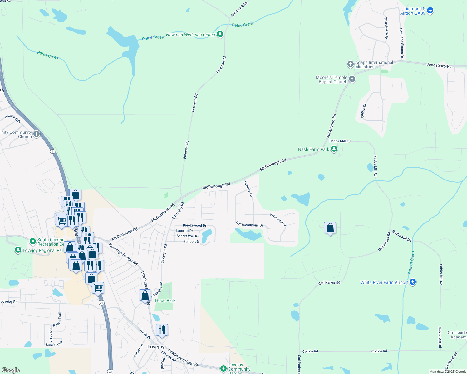 map of restaurants, bars, coffee shops, grocery stores, and more near 2711 McDonough Road in Hampton