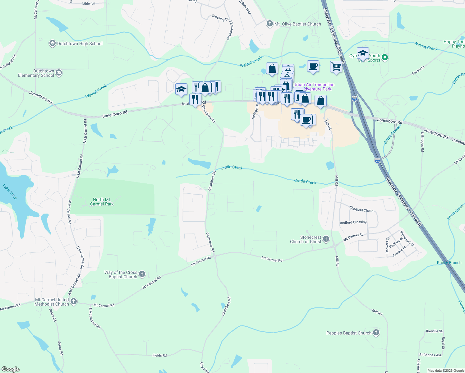 map of restaurants, bars, coffee shops, grocery stores, and more near 128 Telfair Lane in McDonough