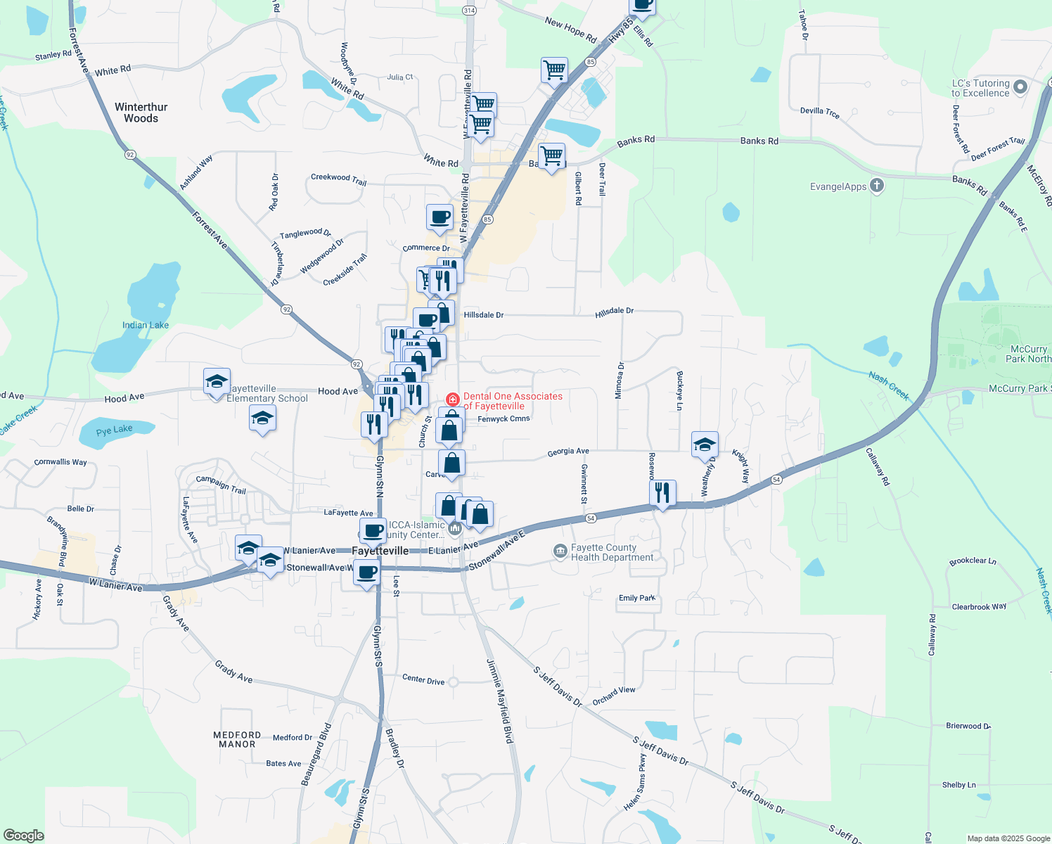 map of restaurants, bars, coffee shops, grocery stores, and more near 175 Fenwyck Cmns in Fayetteville