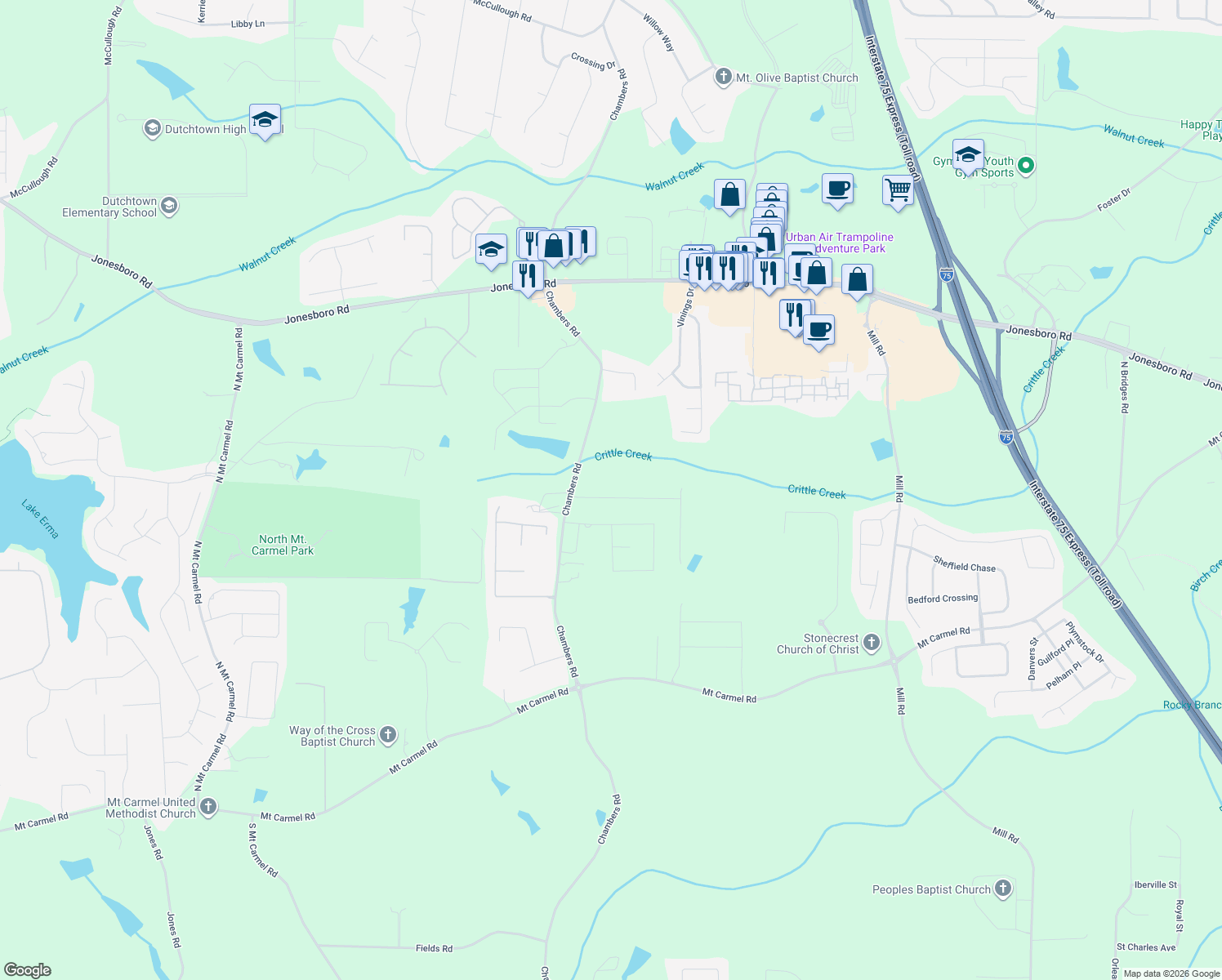 map of restaurants, bars, coffee shops, grocery stores, and more near 119 Telfair Lane in McDonough