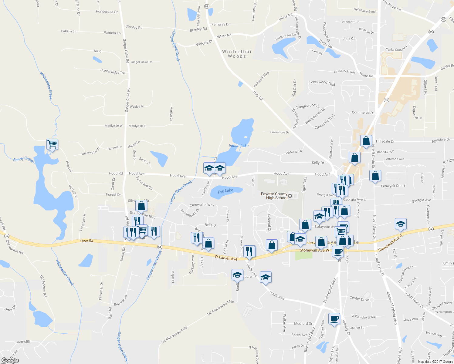 map of restaurants, bars, coffee shops, grocery stores, and more near 638 Hood Avenue in Fayetteville