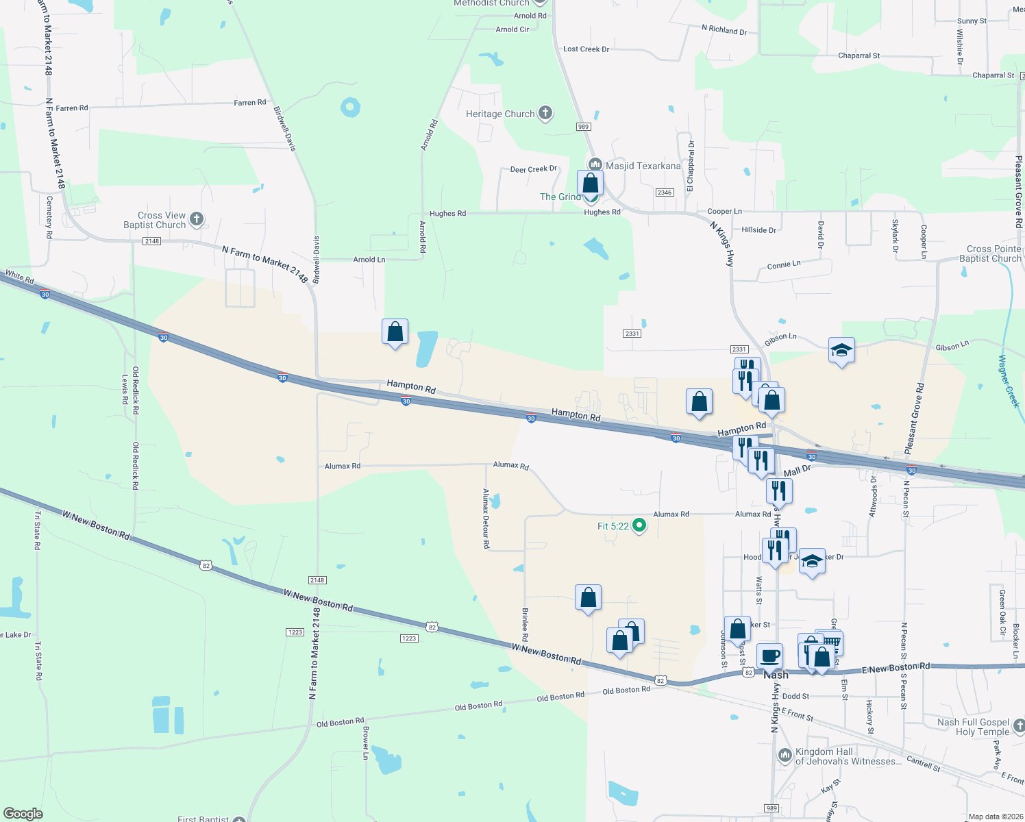 map of restaurants, bars, coffee shops, grocery stores, and more near Interstate 30 in Texarkana