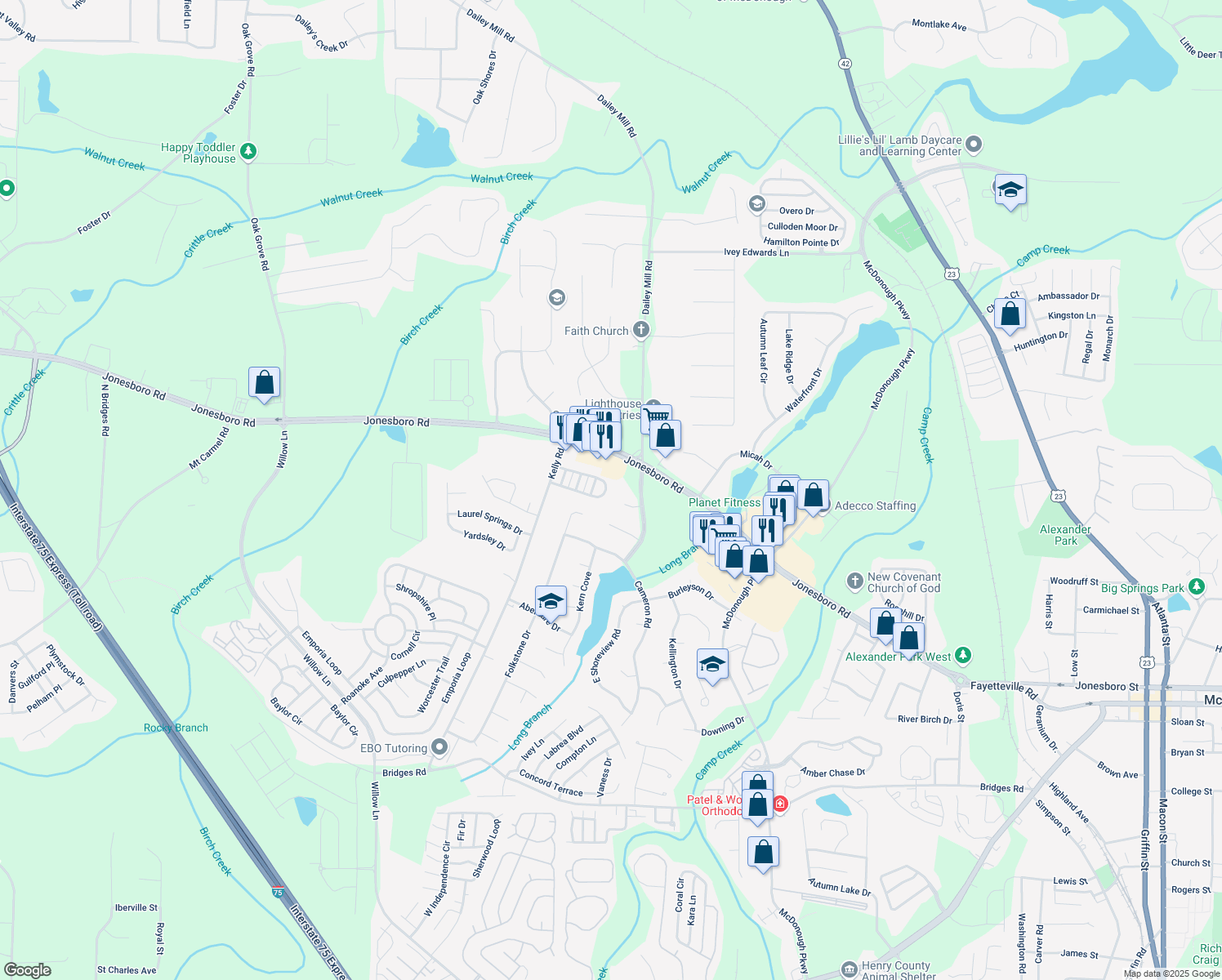 map of restaurants, bars, coffee shops, grocery stores, and more near 755 Magnolia Gardens Walk in McDonough