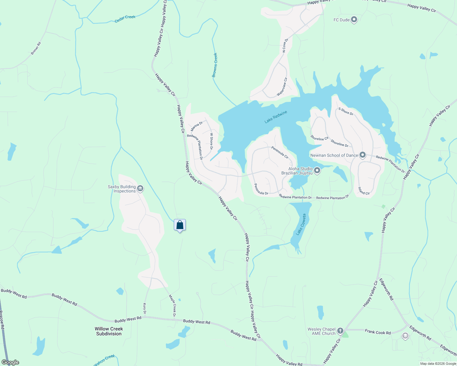 map of restaurants, bars, coffee shops, grocery stores, and more near 64 Redwine Overlook in Newnan