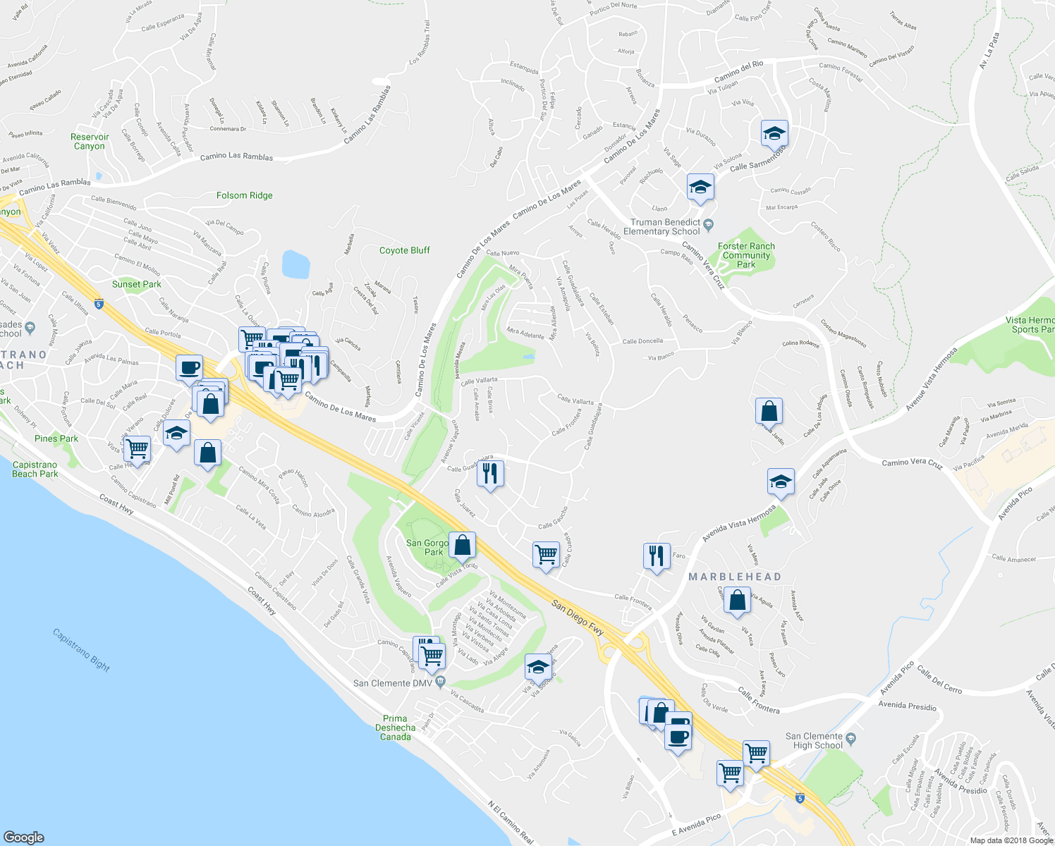 map of restaurants, bars, coffee shops, grocery stores, and more near 610 Calle Ganadero in San Clemente