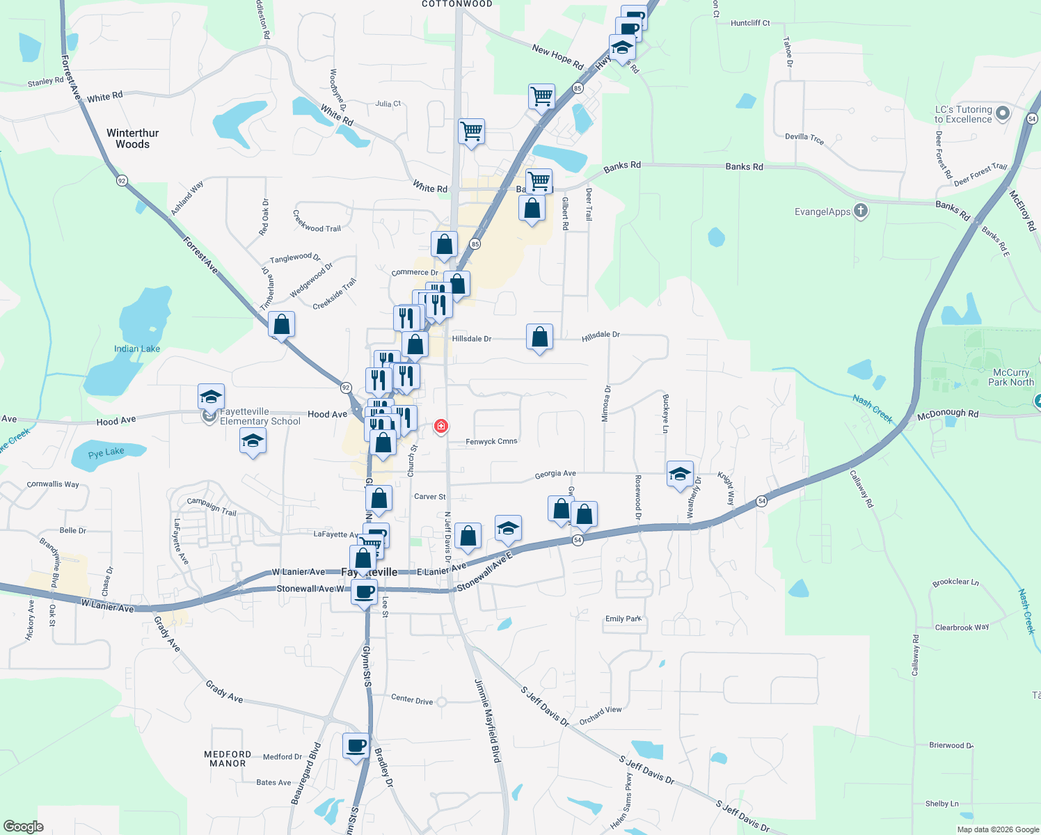 map of restaurants, bars, coffee shops, grocery stores, and more near 255 Fenwyck Cmns in Fayetteville