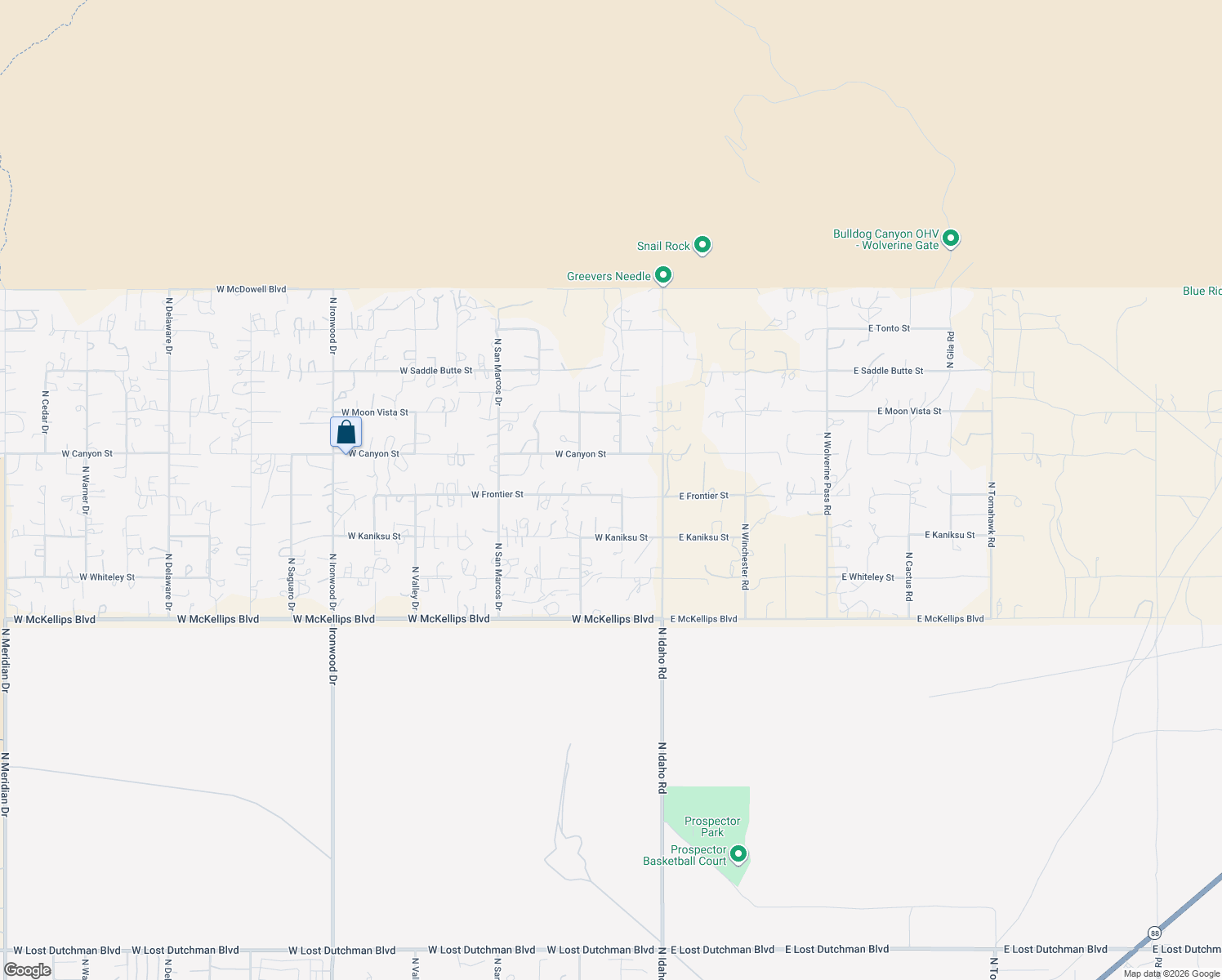 map of restaurants, bars, coffee shops, grocery stores, and more near 268 West Frontier Street in Apache Junction
