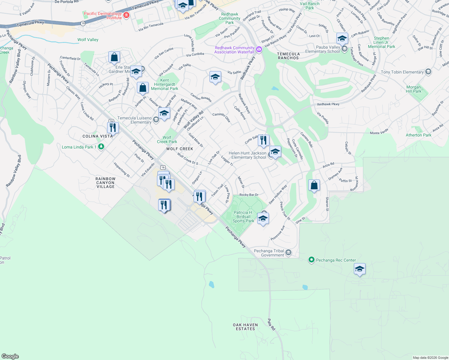 map of restaurants, bars, coffee shops, grocery stores, and more near 32154 Fireside Drive in Temecula