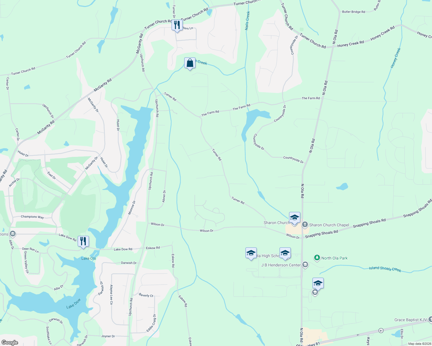 map of restaurants, bars, coffee shops, grocery stores, and more near 98 Turners Grove Lane in McDonough
