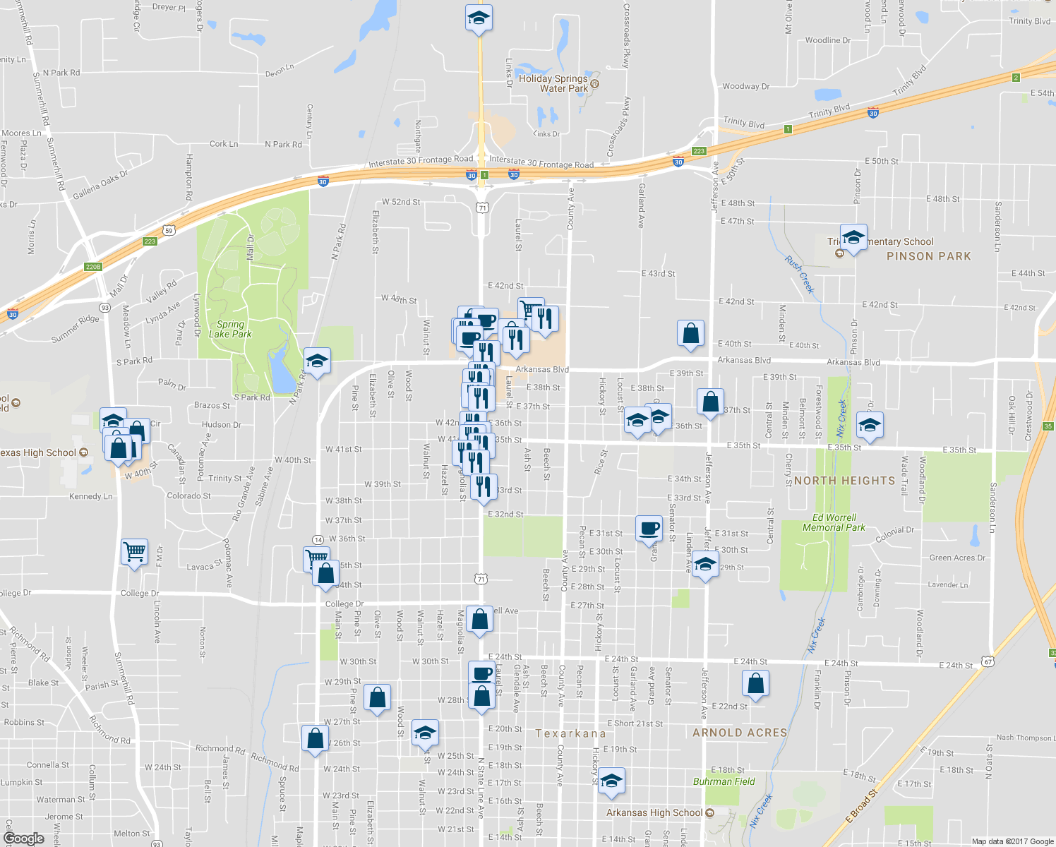 map of restaurants, bars, coffee shops, grocery stores, and more near 300 East 36th Street in Texarkana