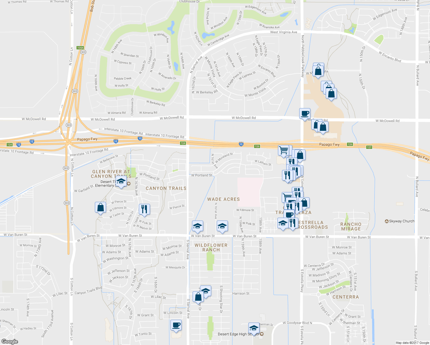 map of restaurants, bars, coffee shops, grocery stores, and more near 16129 West Latham Street in Goodyear