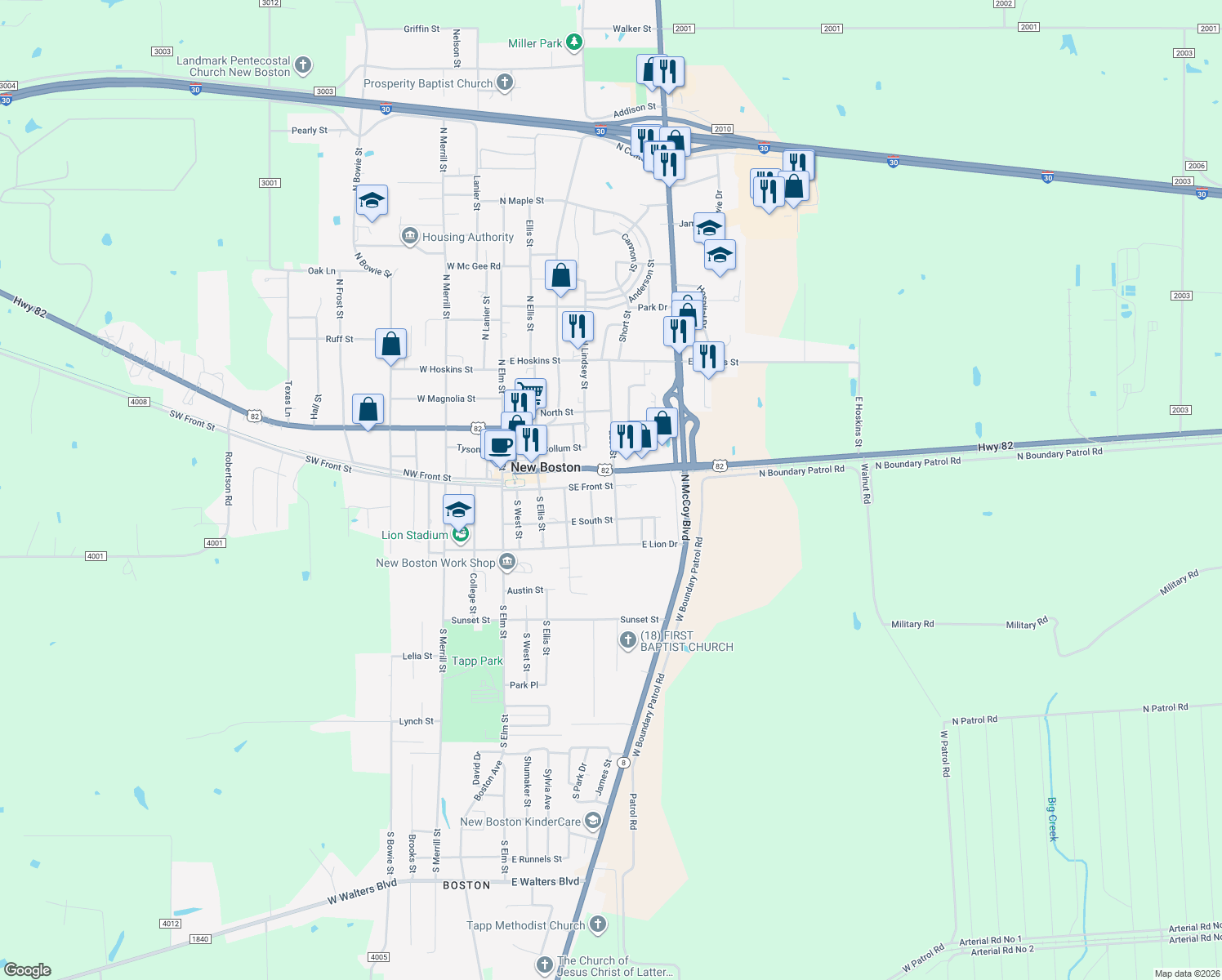 map of restaurants, bars, coffee shops, grocery stores, and more near 424 Southeast Front Street in New Boston