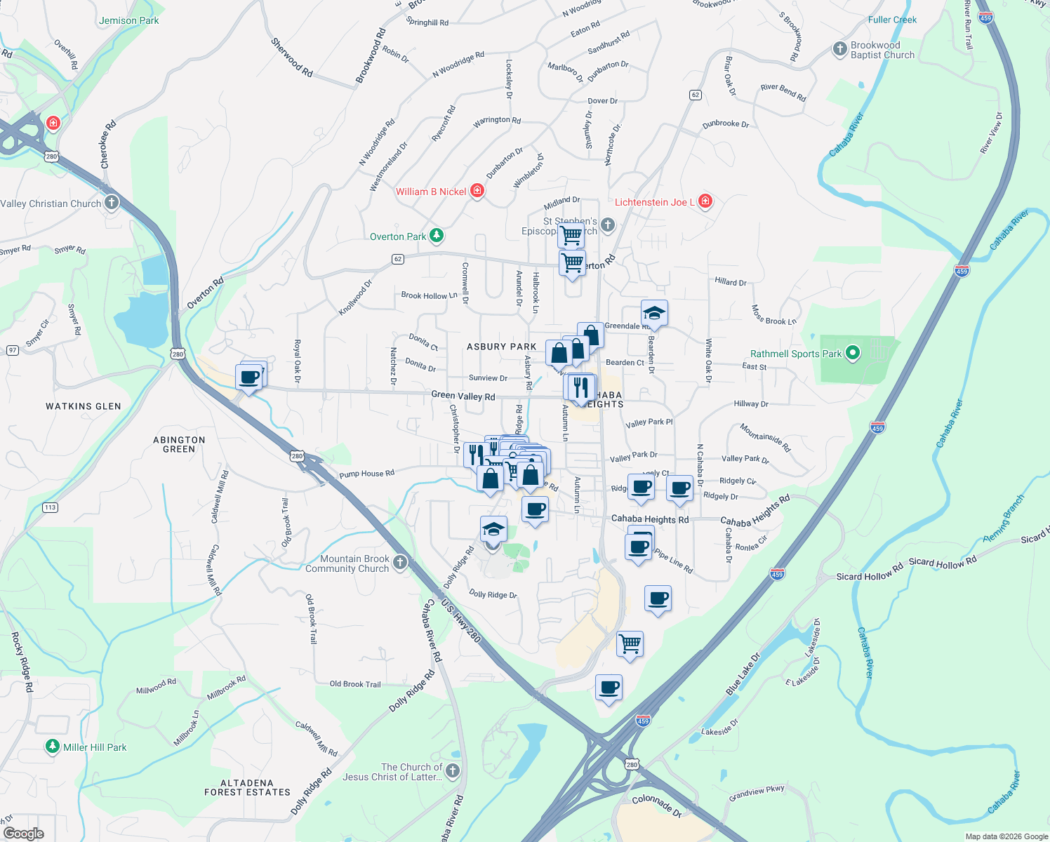 map of restaurants, bars, coffee shops, grocery stores, and more near 4017 Dolly Ridge Rd in Vestavia Hills
