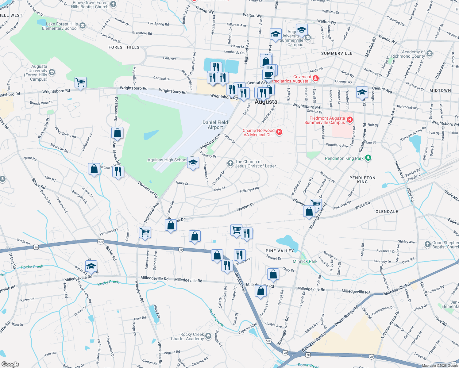 map of restaurants, bars, coffee shops, grocery stores, and more near 2121 Kelly St in Augusta
