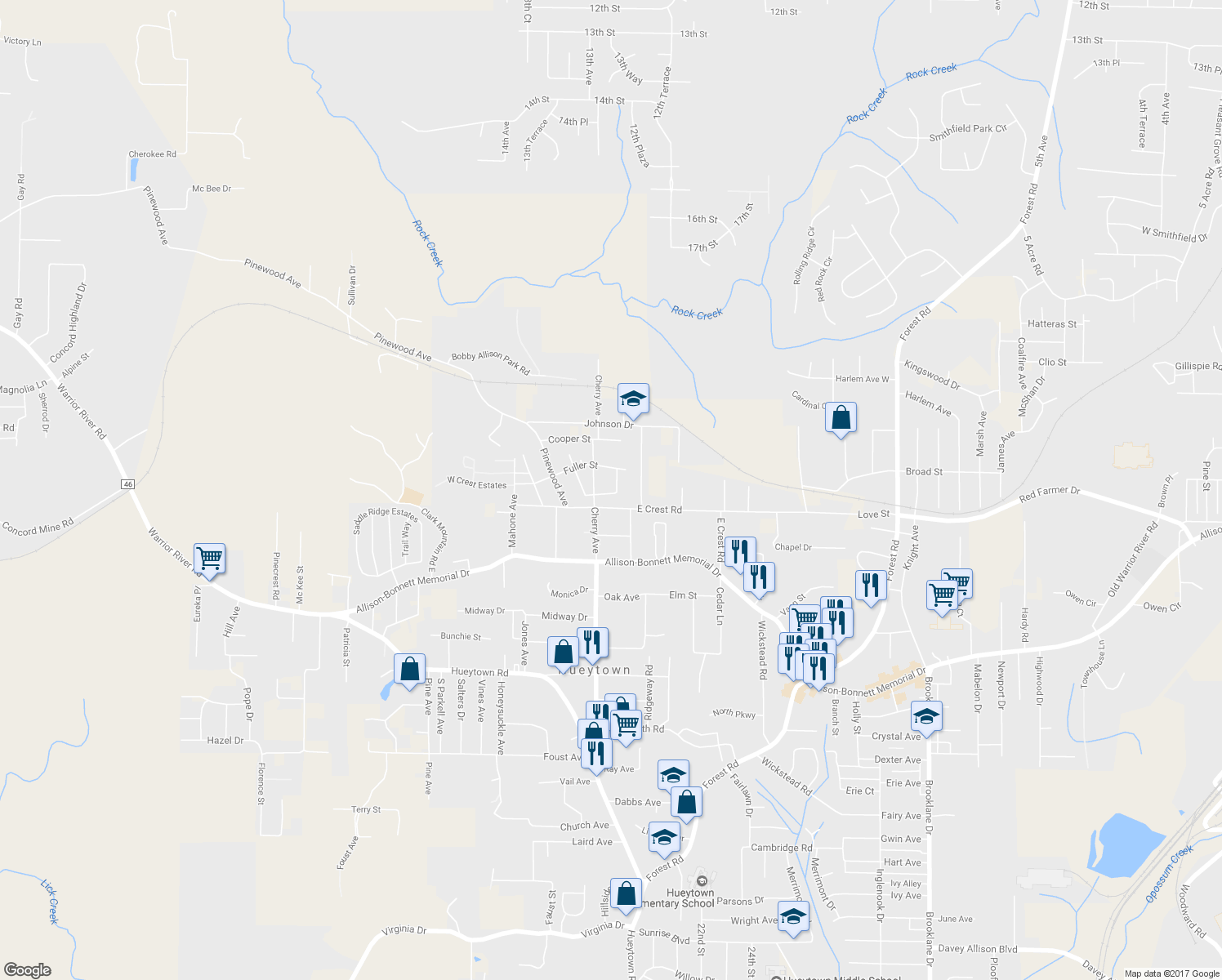 map of restaurants, bars, coffee shops, grocery stores, and more near 288 Eastwood Avenue in Hueytown