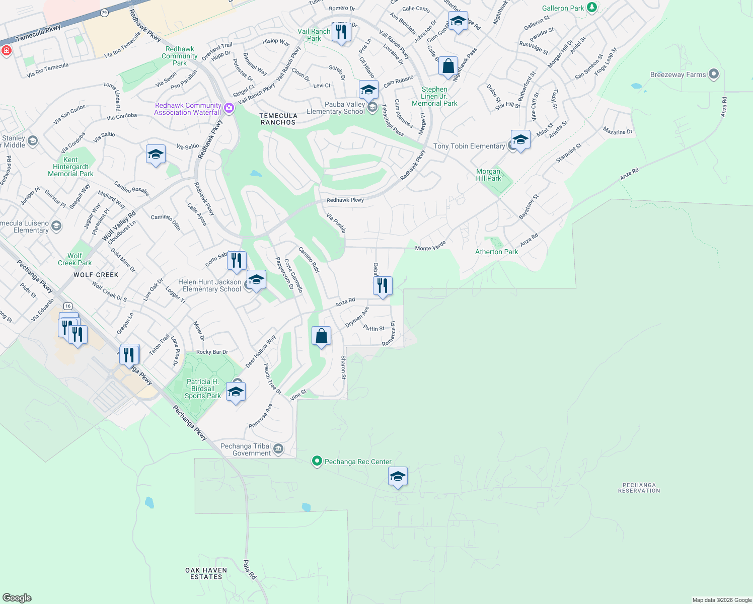 map of restaurants, bars, coffee shops, grocery stores, and more near 33128 Romance Place in Temecula