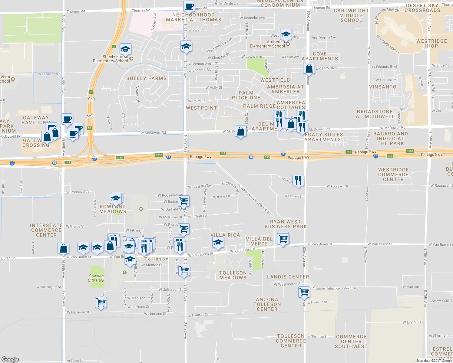 map of restaurants, bars, coffee shops, grocery stores, and more near 1107 North Christa Way in Tolleson