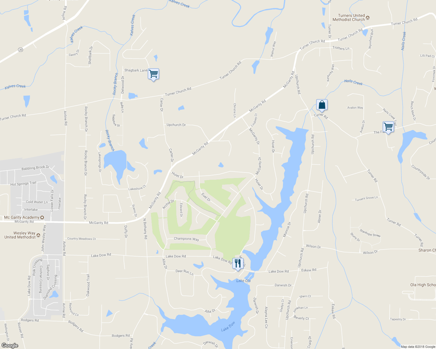 map of restaurants, bars, coffee shops, grocery stores, and more near 260 Huiet Drive in McDonough
