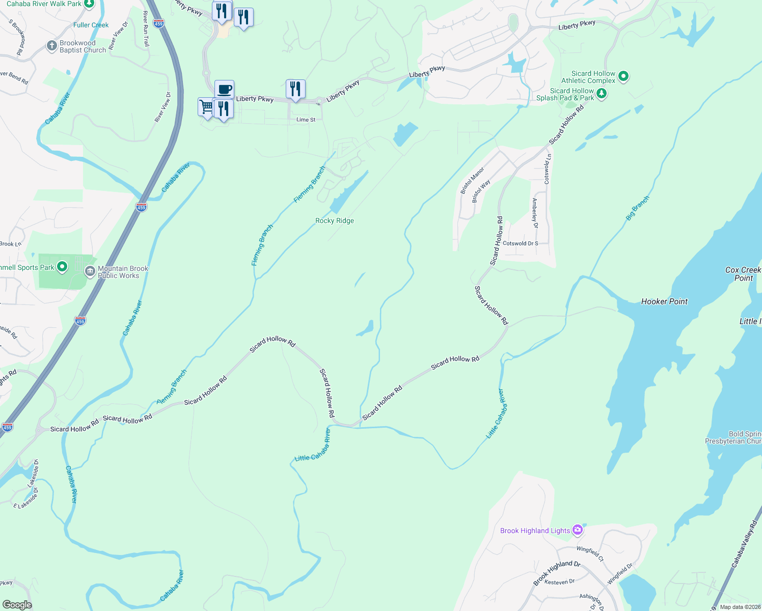 map of restaurants, bars, coffee shops, grocery stores, and more near 4420 Sicard Hollow Road in Birmingham