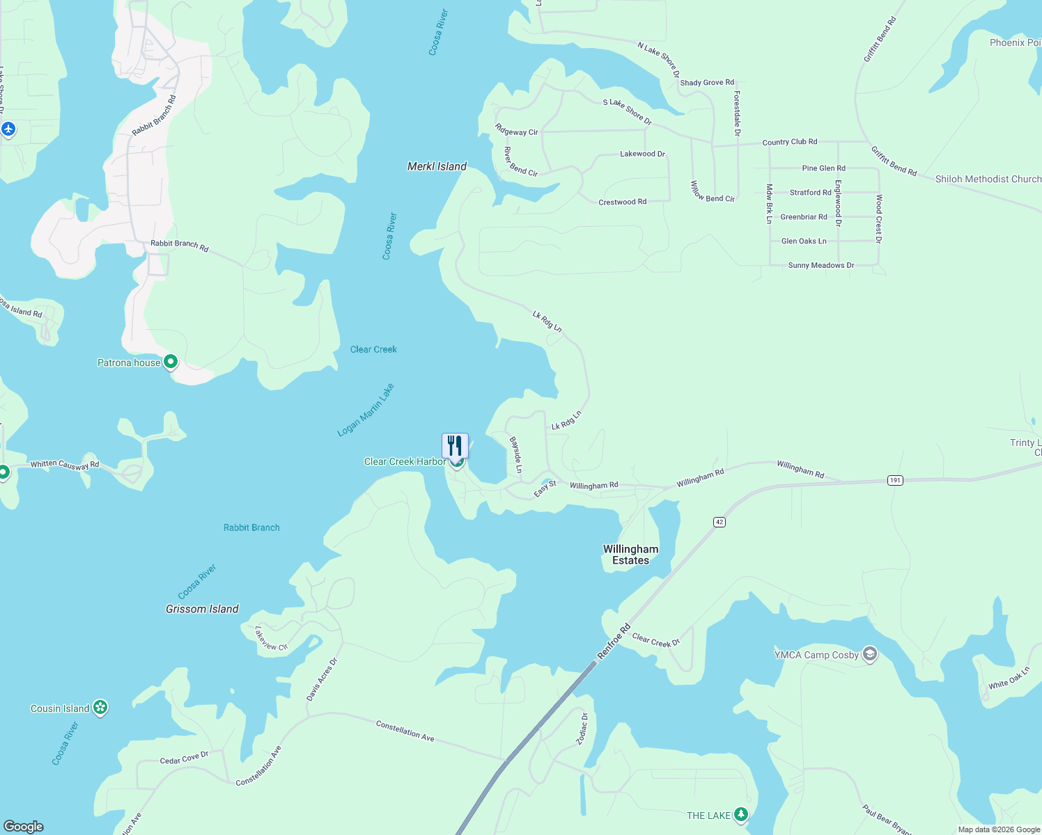 map of restaurants, bars, coffee shops, grocery stores, and more near 1328 Willingham Road in Talladega