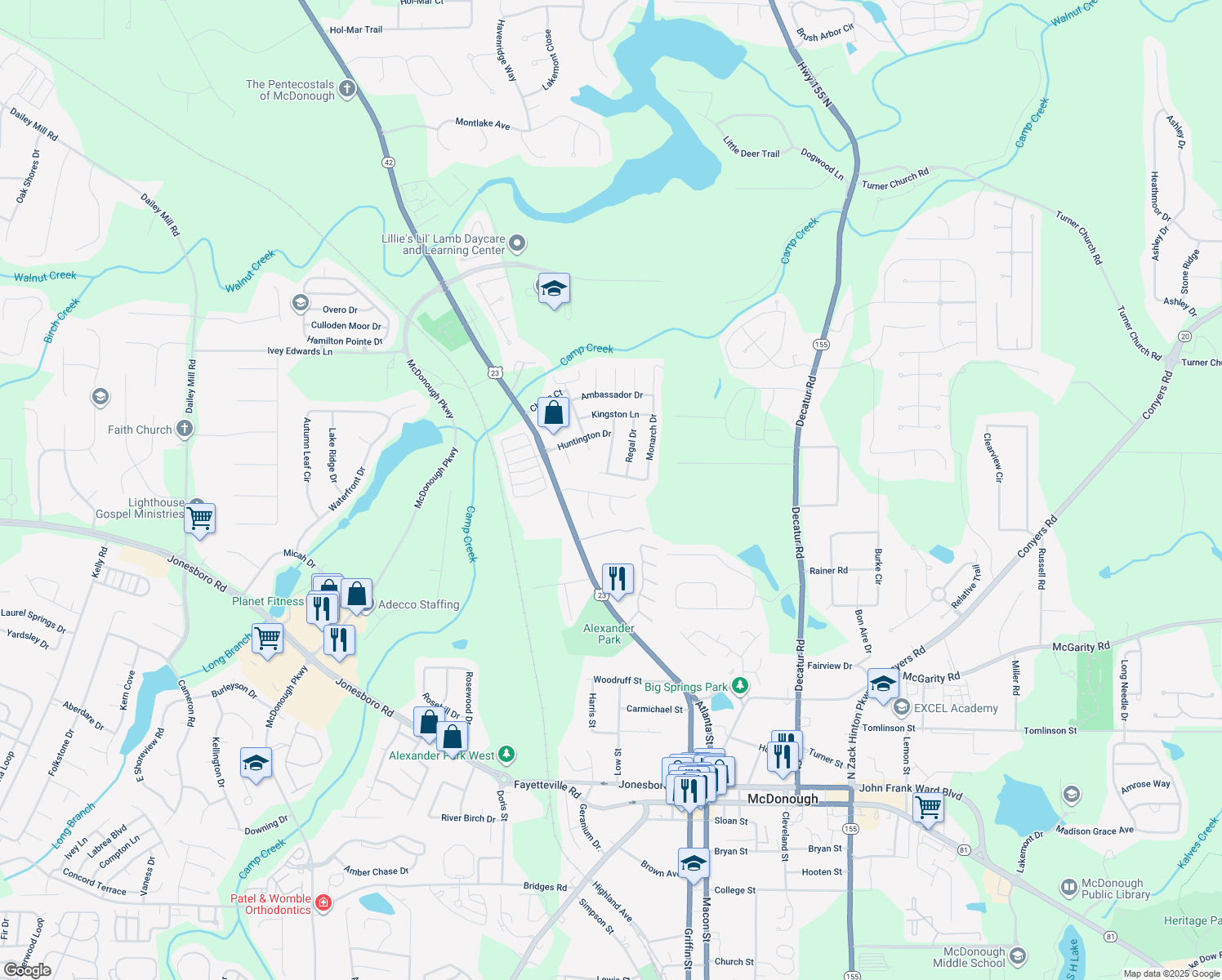 map of restaurants, bars, coffee shops, grocery stores, and more near 130 Cabriolet Trail in McDonough