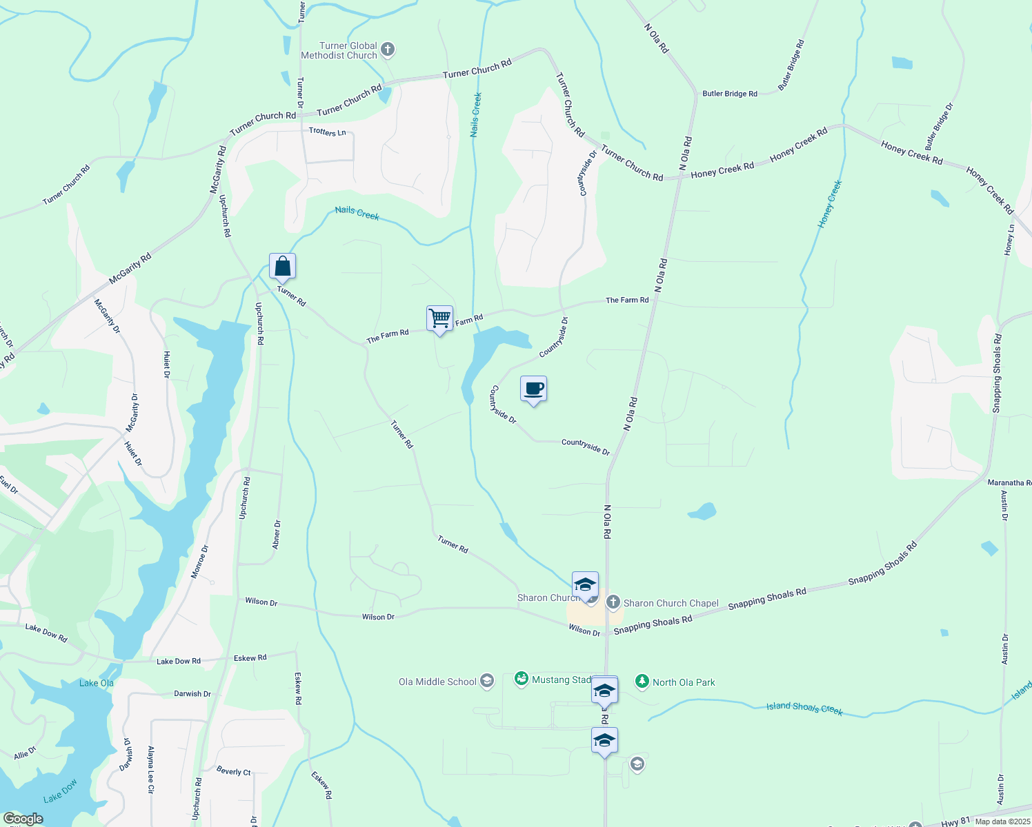 map of restaurants, bars, coffee shops, grocery stores, and more near 400 Country Side Drive in McDonough