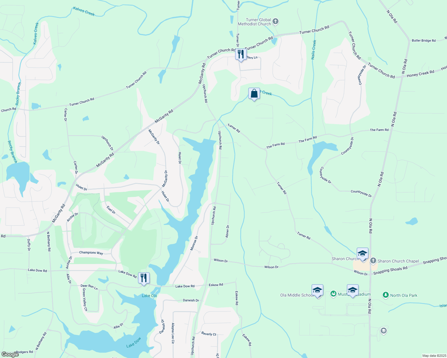 map of restaurants, bars, coffee shops, grocery stores, and more near 1270 Upchurch Road in McDonough