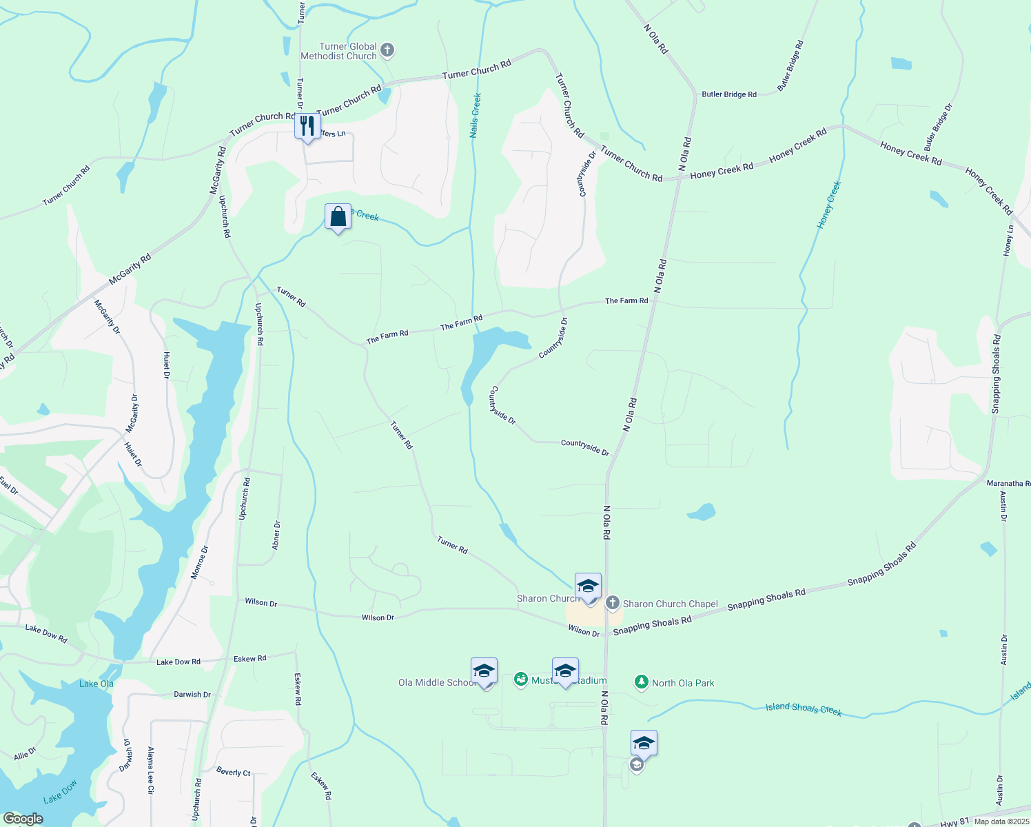 map of restaurants, bars, coffee shops, grocery stores, and more near 400 Country Side Drive in McDonough