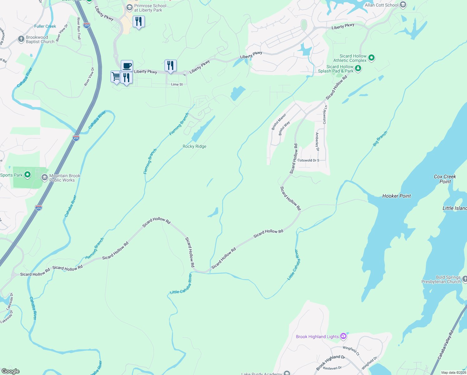map of restaurants, bars, coffee shops, grocery stores, and more near 4420 Sicard Hollow Road in Birmingham