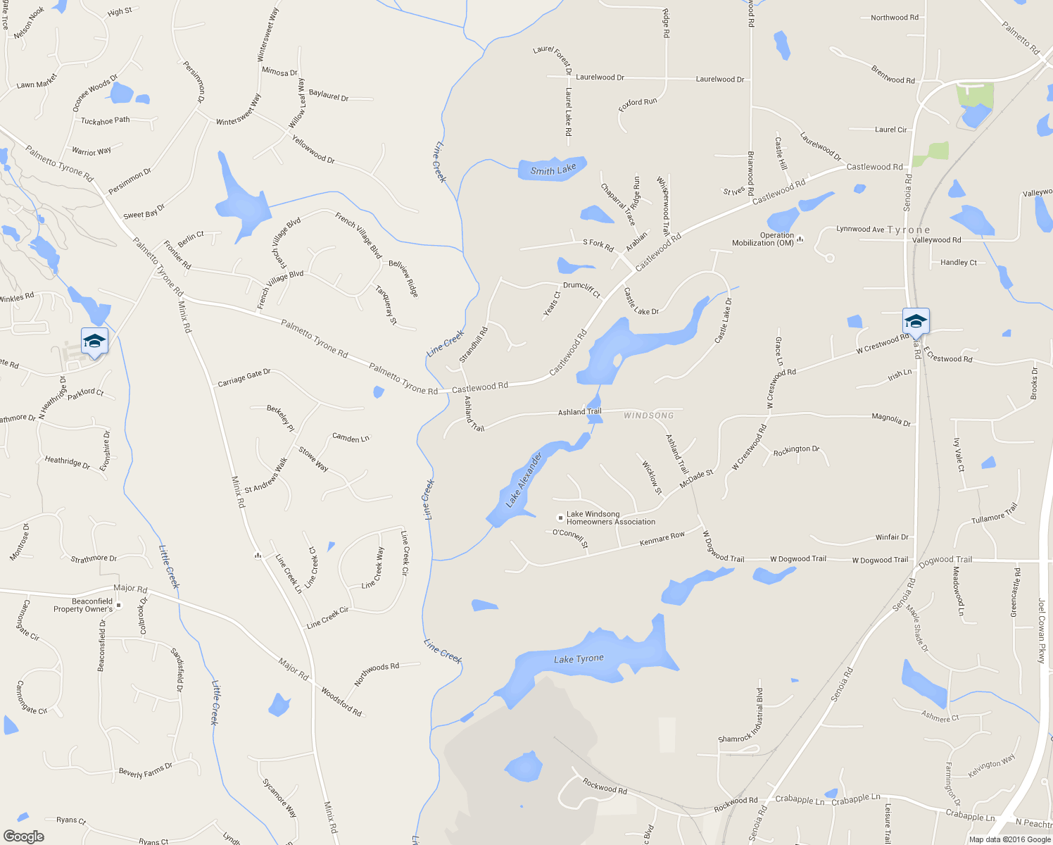 map of restaurants, bars, coffee shops, grocery stores, and more near 185 Ashland Trail in Tyrone