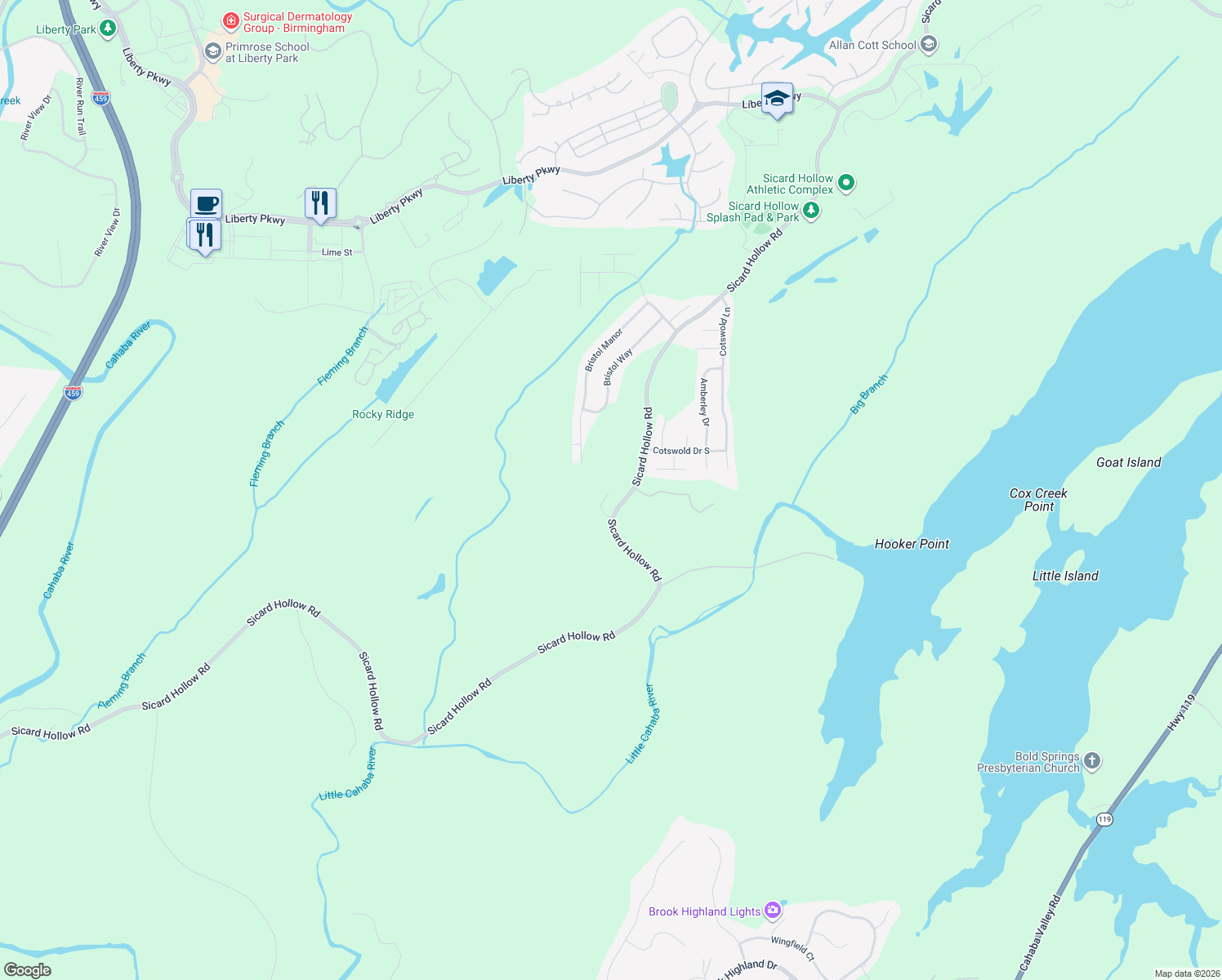 map of restaurants, bars, coffee shops, grocery stores, and more near 4420 Sicard Hollow Road in Birmingham
