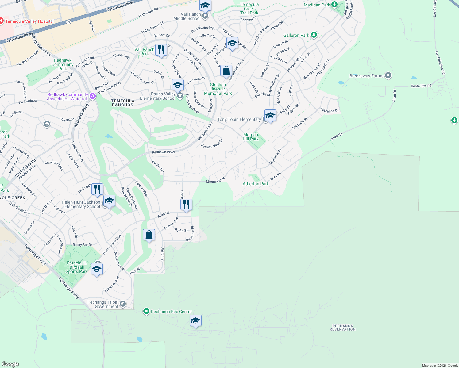 map of restaurants, bars, coffee shops, grocery stores, and more near 45720 Essen Court in Temecula