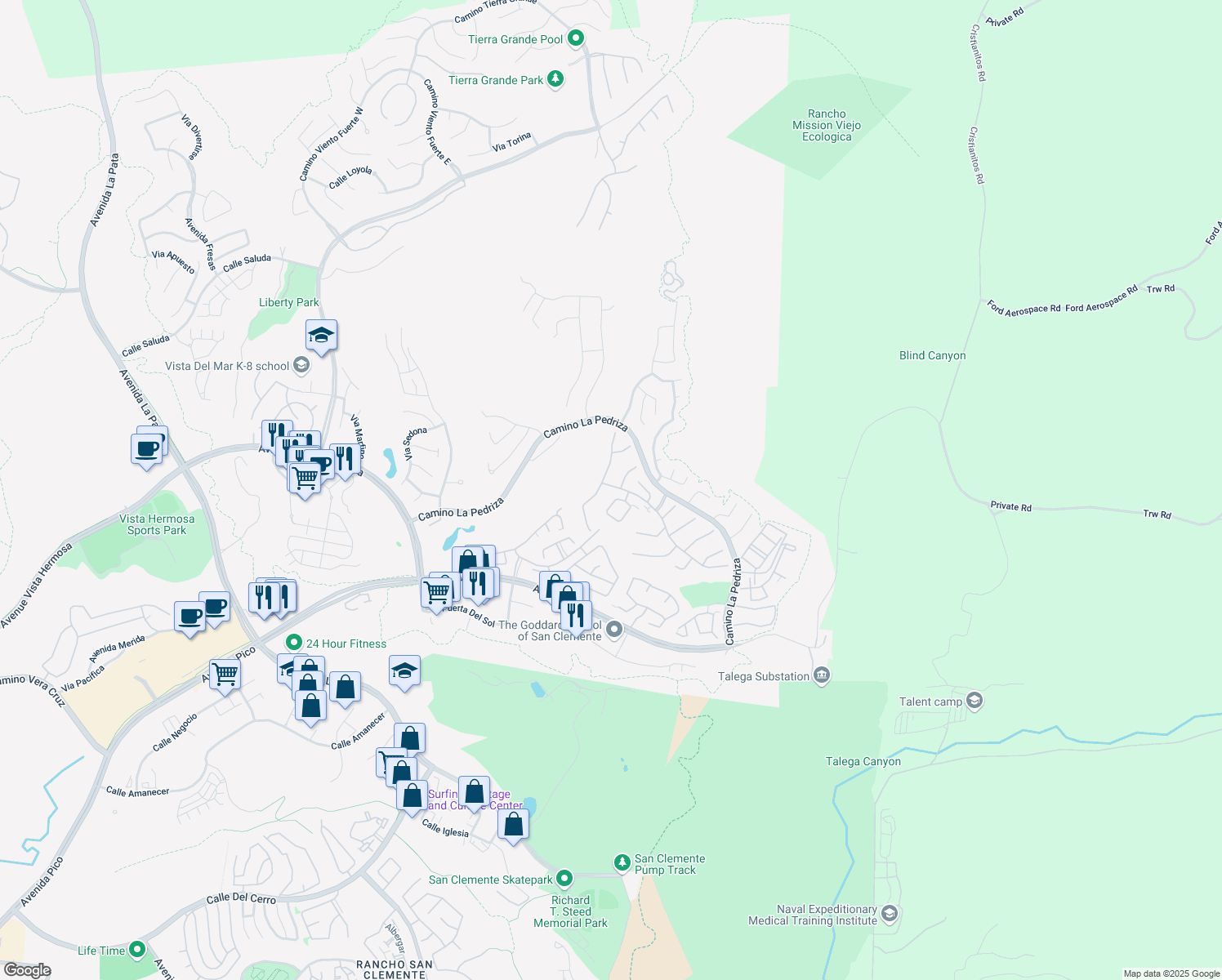 map of restaurants, bars, coffee shops, grocery stores, and more near 46 Corte Pinturas in San Clemente