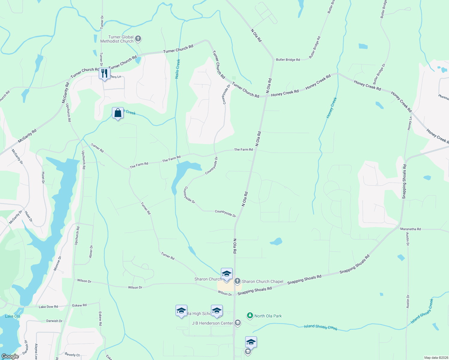map of restaurants, bars, coffee shops, grocery stores, and more near 170 Timber Ridge Drive in McDonough