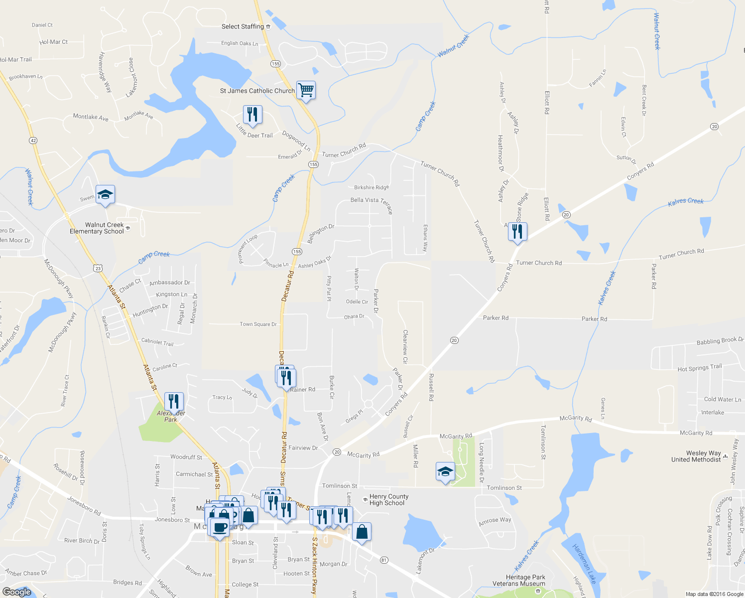 map of restaurants, bars, coffee shops, grocery stores, and more near 1024 Odelle Cir in McDonough