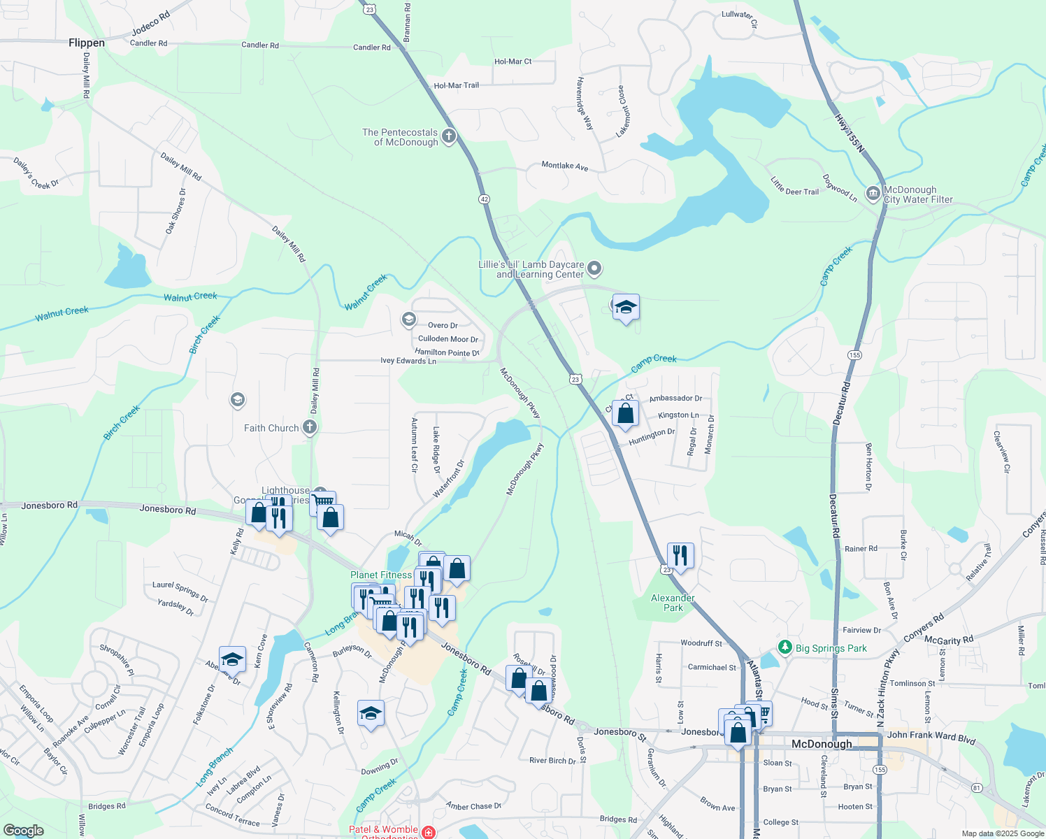 map of restaurants, bars, coffee shops, grocery stores, and more near 522 Waterfront Drive in McDonough